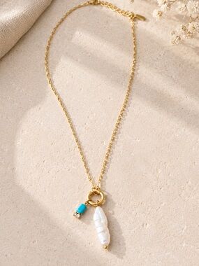 New Medina Gold Plated Shell Pearl Pendant Necklace with Turquoise Accent